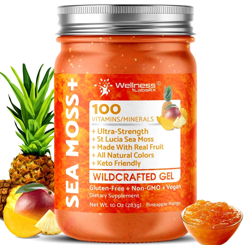 WELLNESS LABSRX Gel de mousse de mer d'Irlande brut - Gel de maraîche de haute qualité - Arôme de mangue d'ananas, vitamine et minéral-rich de Pristine Caribbean Waters - 10 oz.