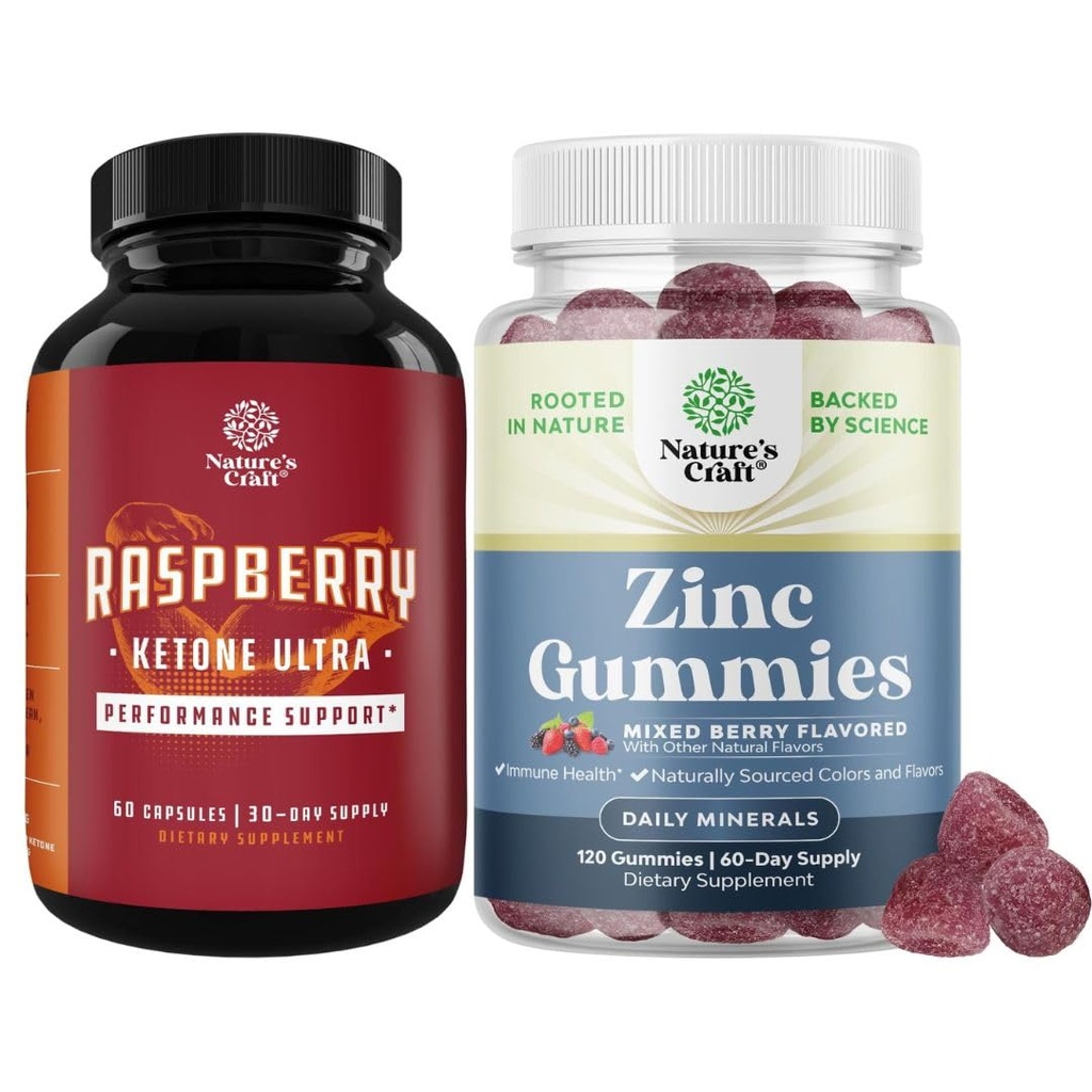 Ensemble de cétones de framboises, extrait de thé vert et mélange de mangue africaine et gommes de zinc extra-fort pour les adultes - Ingrédients pour accélérer la perte de poids, sans gluten et sans gélatine