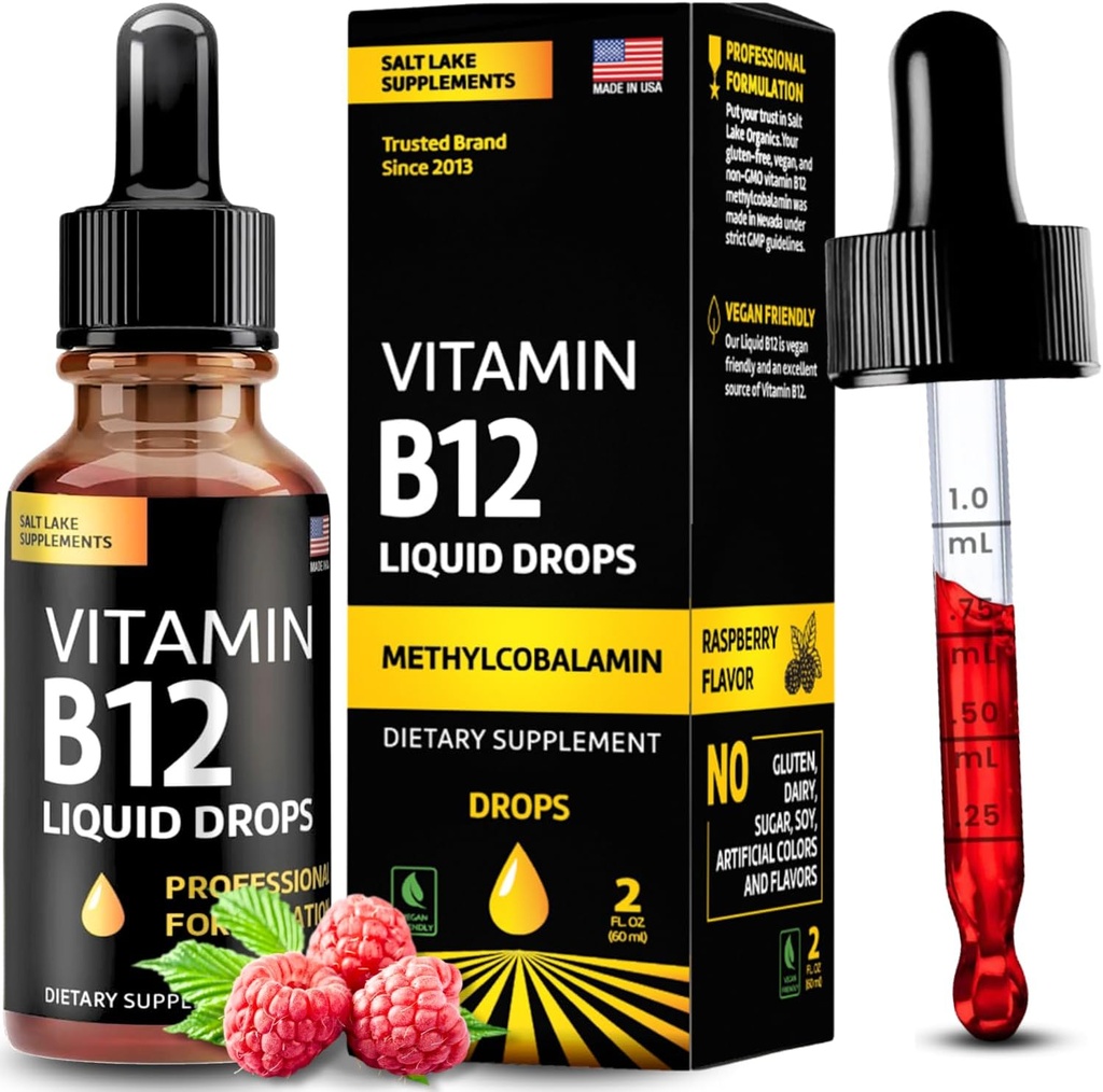 Vitamine B12 gouttes liquides - Végétalien B12 vitamines 5000 mcg méthylcobalamine Sublinguale à action rapide B complexe Vitamine liquide B2, B3, B6 - Non-OGM, Pas de lait, Soy et sucre, Arôme framboise, 2 fl. oz.