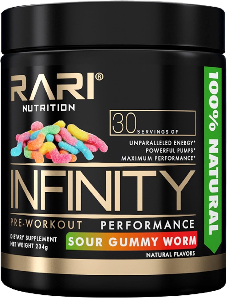 Infinity - 100% naturel pré-entraînement Poudre pour l'énergie, le focus et la performance - Hommes et femmes - Vegan and Keto Friendly - No Creatine - 30 portions (Sour Gummy Worm)