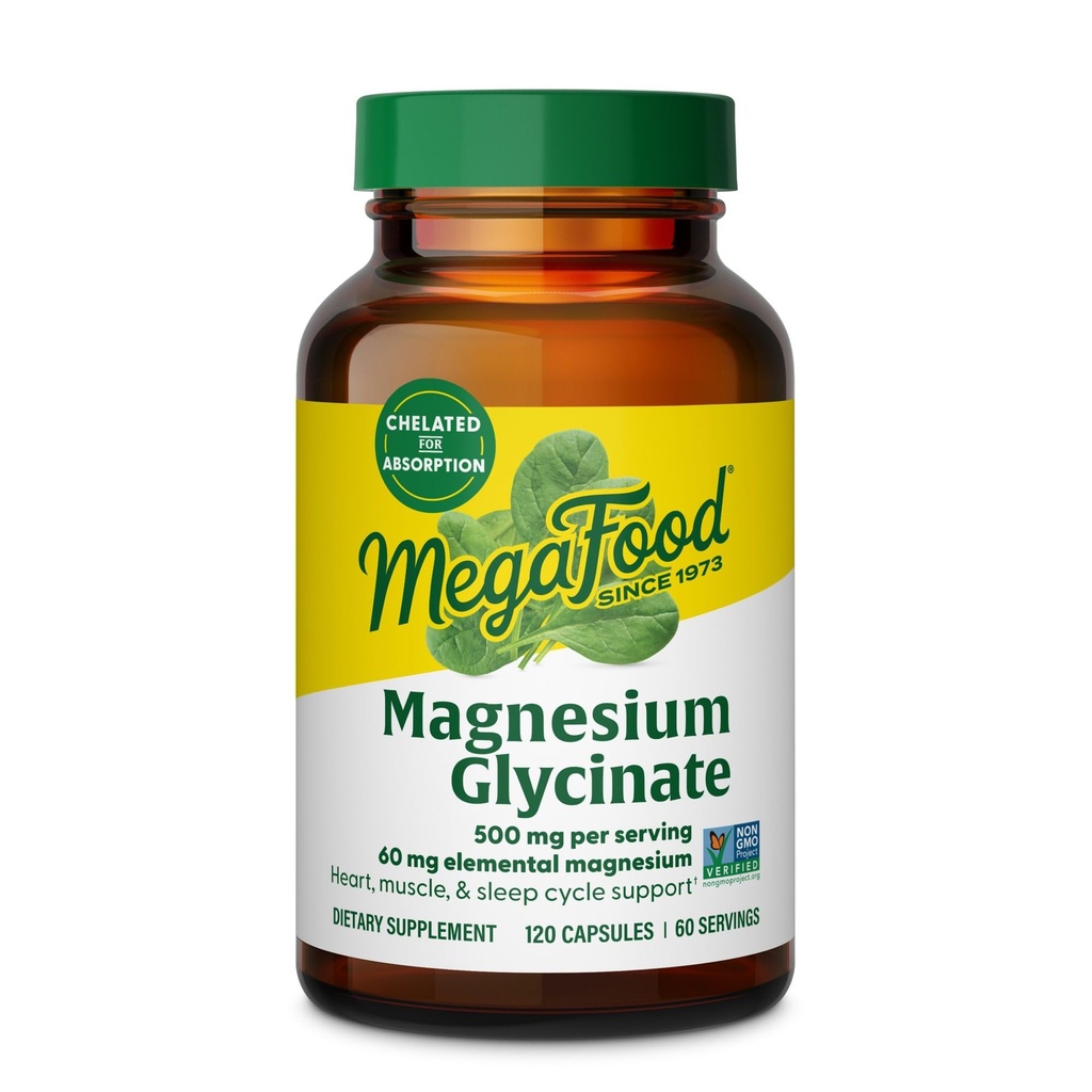 MegaFood Magnésium Glycinate 500mg - Supplément de magnésium chélaté - 60mg Magnésium élémentaire - Douce sur l'estomac - Soutient le cycle de sommeil normal et la réponse au stress sain - 120 Capsules 60 portions