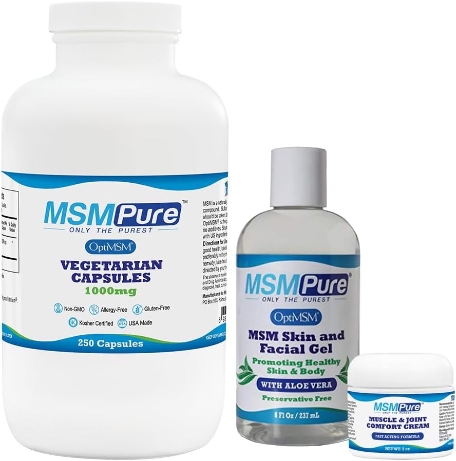 KALA Health MSMPure Starter Bundle with MSM Capsules 250 Count, MSM Muscle & Joint Cream 2oz et MSM Gel avec Aloe biologique 8oz
