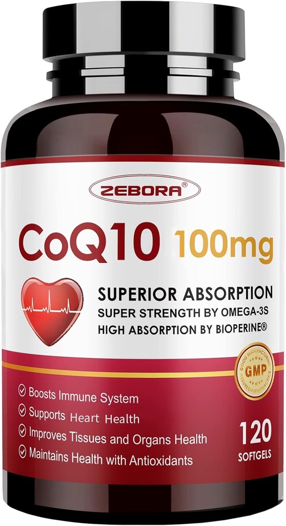 ZEBORA CoQ10-100mg-Softgels avec PQQQ, BioPerine et Omega-3, supplément haute absorption Coenzyme Q10, puissant antioxydant, soutien cardiaque et production d'énergie 120 portions, non-OGM