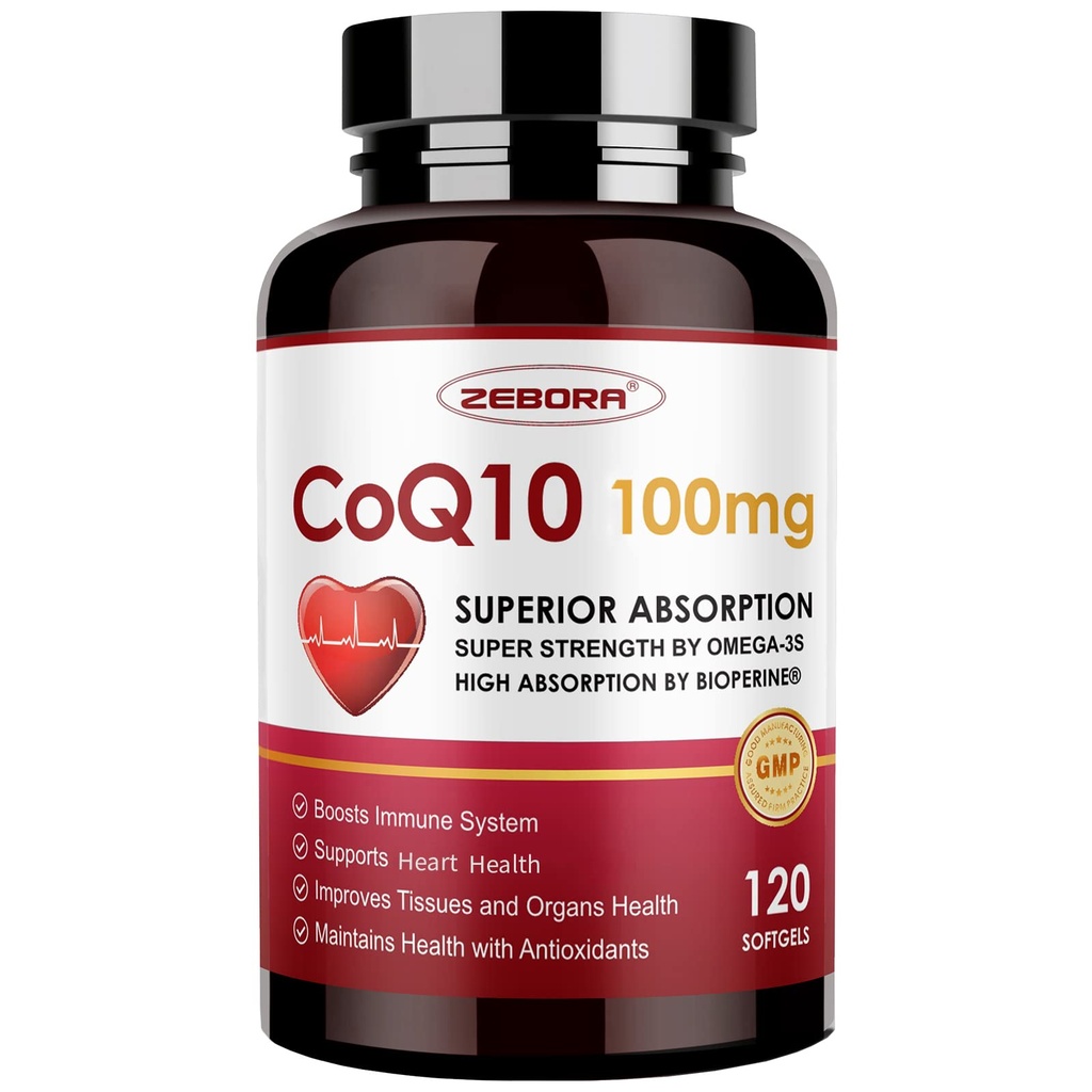 ZEBORA CoQ10-100mg-Softgels avec PQQQ, BioPerine et Omega-3, supplément haute absorption Coenzyme Q10, puissant antioxydant, soutien cardiaque et production d'énergie 120 portions, non-OGM