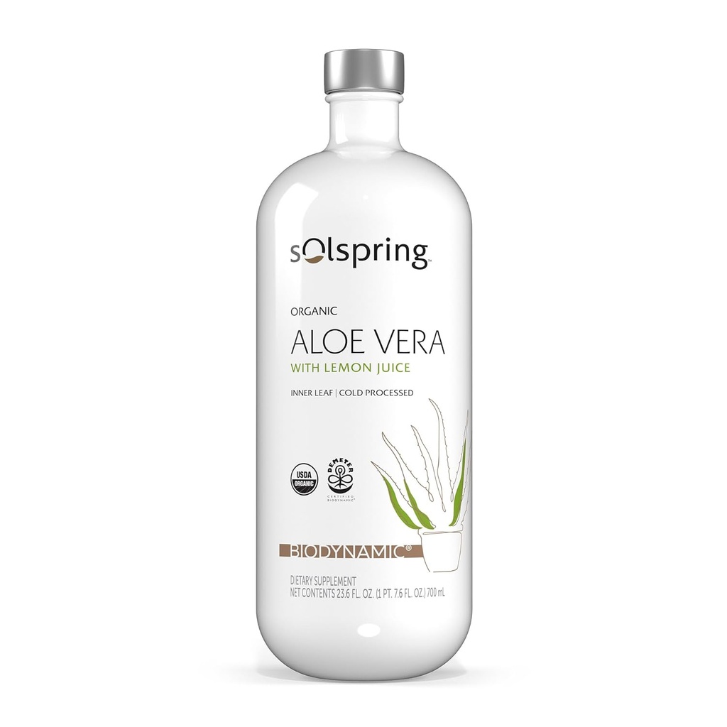 Solspring Biodynamic Aloe Vera Jus au citron, 23,6 Fl. Oz. (700 mL), non pasteurisé, certifié USDA biologique, régénératif, non OGM, sans gluten, sans soja, Dr. Mercola