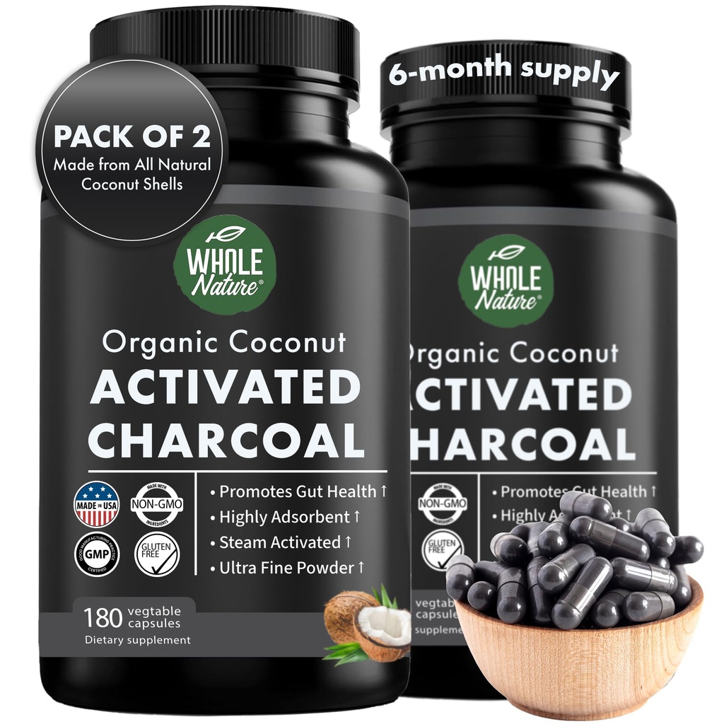 Capsules de charbon de coco activées, 180 Capsules de charbon de bois, Blanchiment des dents, Aide Constipation, Bloating, Gaz d'estomac, Brûlures d'estomac, Supplément dérivé pur de noix de coco (2)