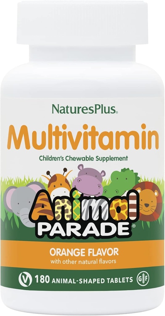 Natures Plus Parade animale Multivitamine à croquer pour enfants - Arôme orange - 180 comprimés en forme d'animal - Promotion de la santé et du bien-être - Végétarien, sans gluten - 90 portions