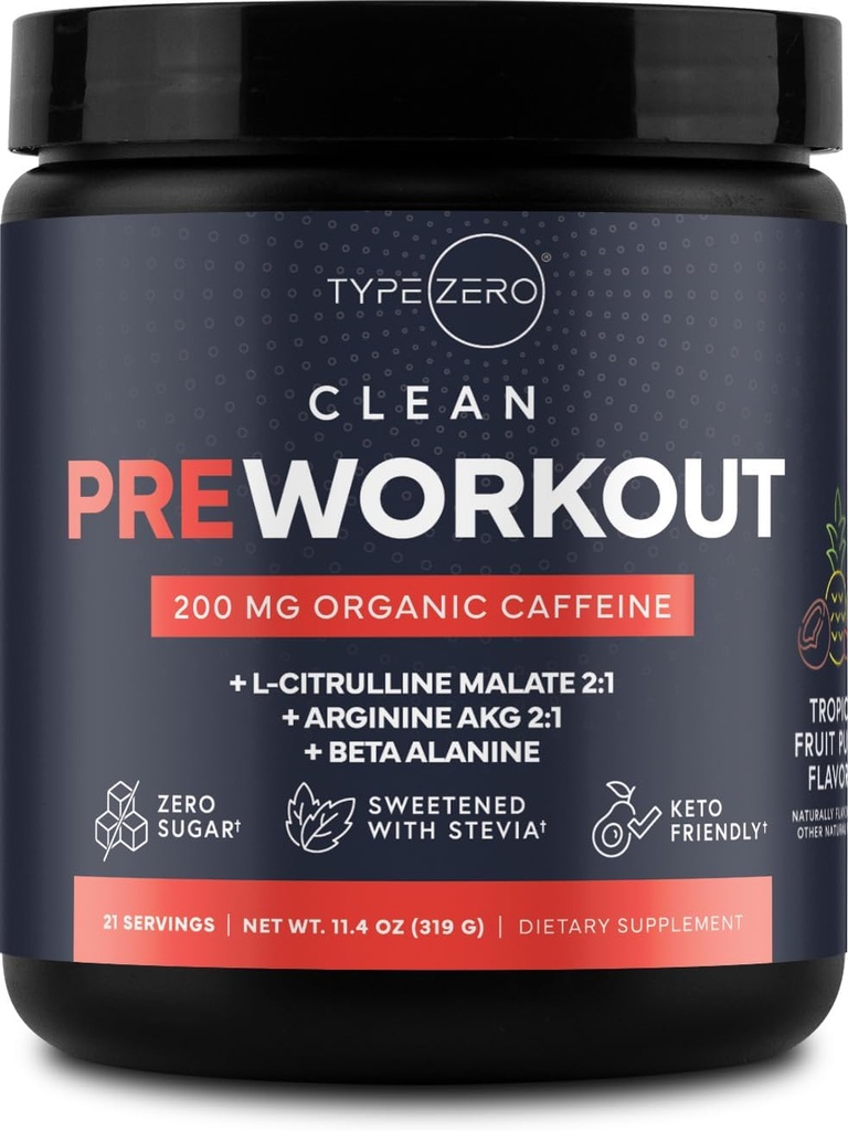 Type Zero Clean Pre Workout (11.3 oz, Fruit Punch) + Beet Root + L-Arginine + L-Citrulline, 2G Arginine, L-Citrulline Malate, Beta A, Sugar Free, Organic Caffeine Preworkout for Men & Women