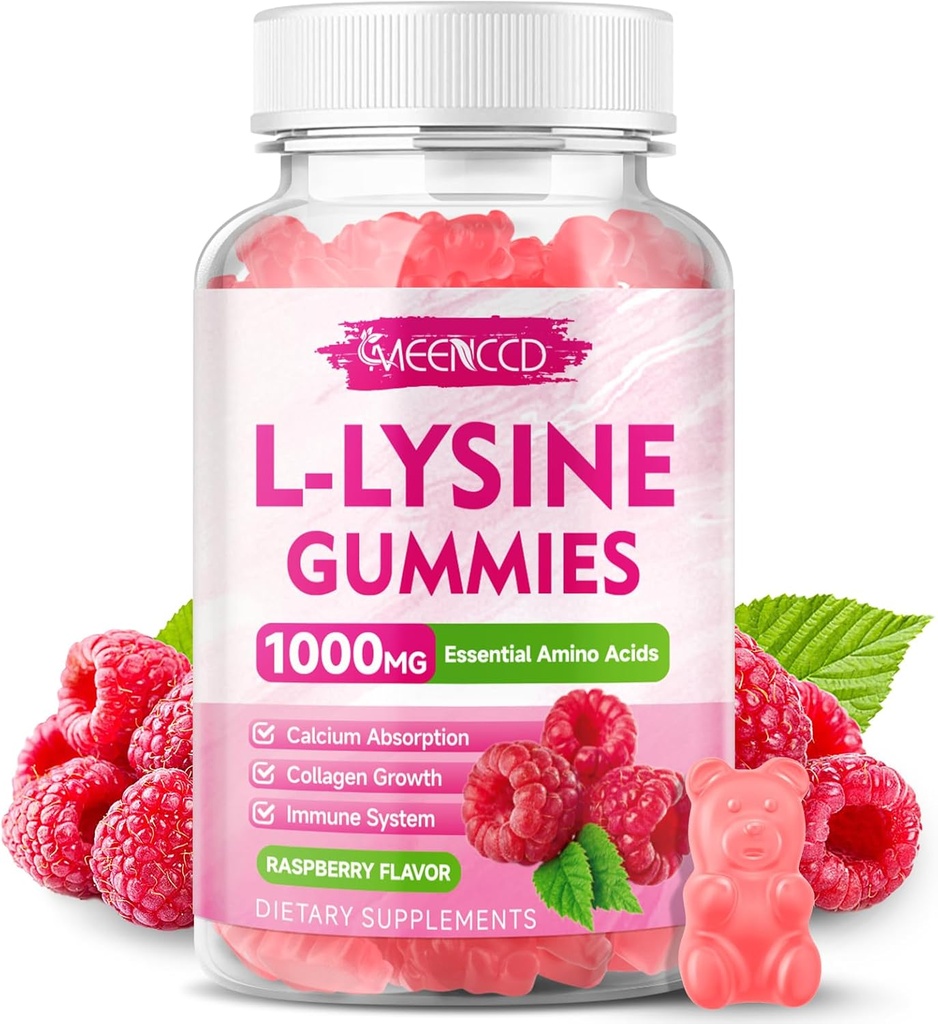 L-Lysine 1000mg Gummies, Supplément Lysine pour Adultes et Enfants, Supplément Acide Amino Essentiel pour Lèvres et Santé Orale, Boost Immune & Collagène & Calcium, Sans Sucre, Arôme aux Framboises, 60 Compte