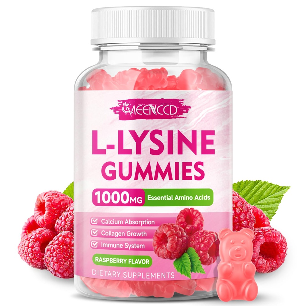 L-Lysine 1000mg Gummies, Supplément Lysine pour Adultes et Enfants, Supplément Acide Amino Essentiel pour Lèvres et Santé Orale, Boost Immune & Collagène & Calcium, Sans Sucre, Arôme aux Framboises, 60 Compte
