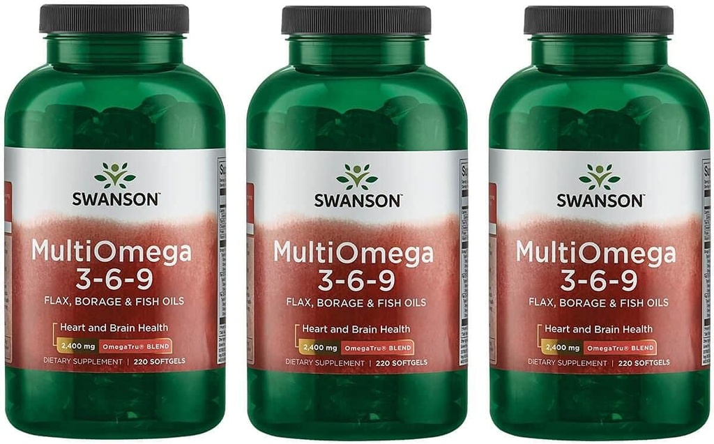 Swanson MultiOmega 3-6-9 - Huile de lin non-OGM, huile de Borage, « & » Capsules d'huile de poisson - acides gras essentiels appuyant la santé cardiovasculaire « & » Santé du cerveau - (220 Softgels, 2400mg servir) 3 bouteilles