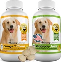 Amazing Combo Omega-3 Huile de poisson et probiotiques pour chiens - Antioxydants pour animaux de compagnie purs tout-naturels - favorise le manteau brillant, la santé du cerveau, élimine le gaz de diarrhée et la douleur articulaire, 120 gâteries x 2