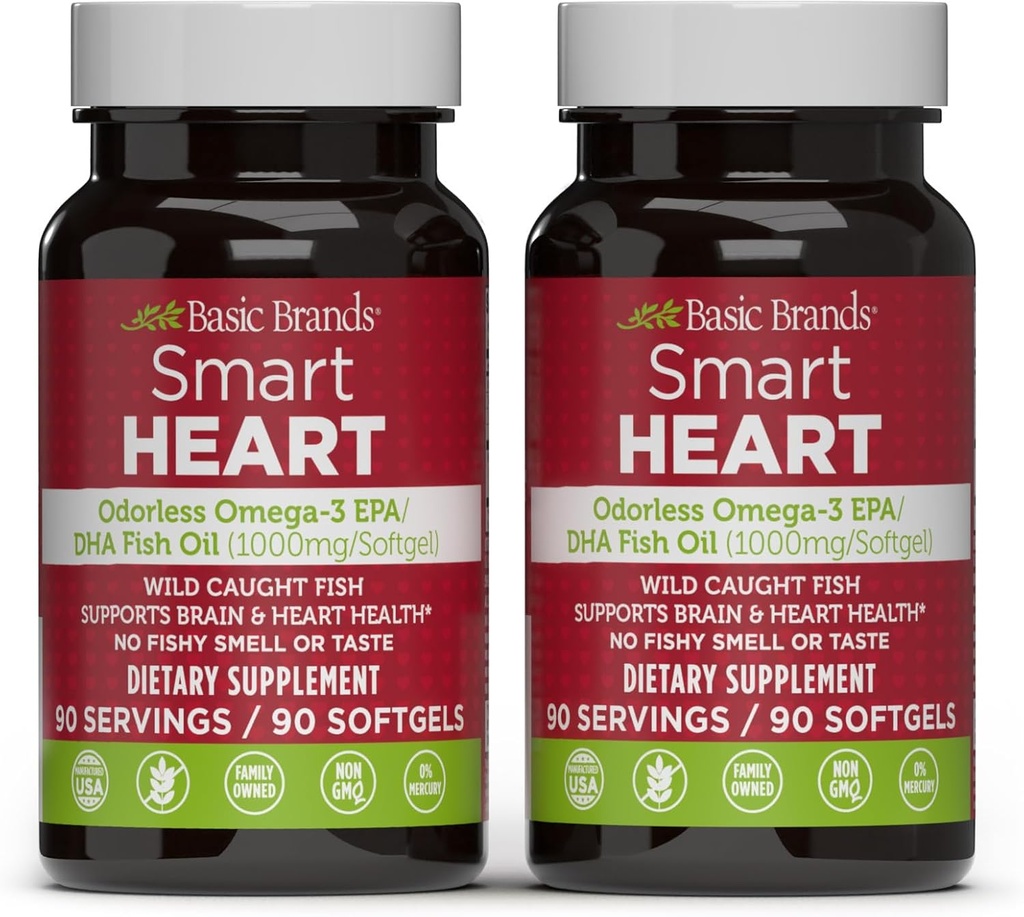 Marques de base Smart Heart Omega-3 Odorless Fish Oil 1000mg - Triple Strength EPA & DHA, non-OGM, Cœur et soutien cognitif - 90 Softgels sans Burpless - 2-Pack