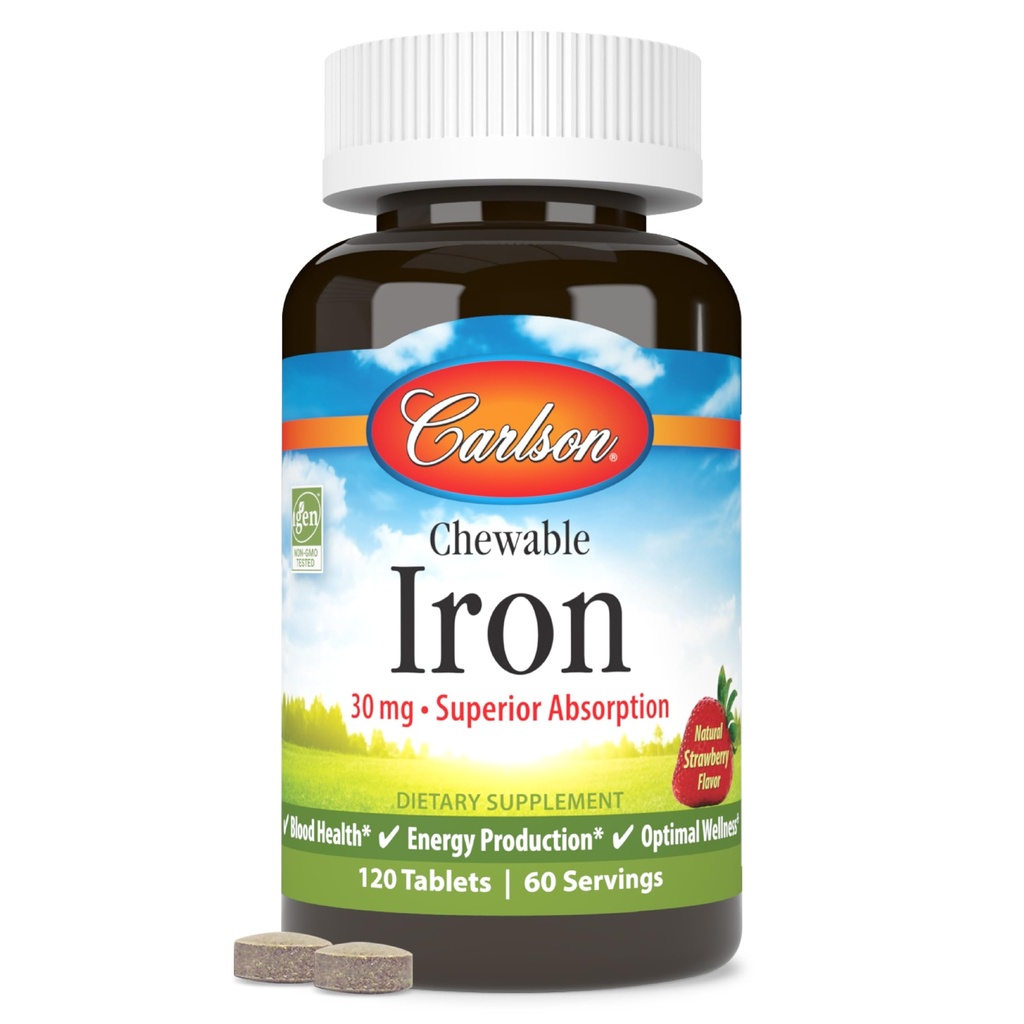Carlson - Fer à mâcher, 30 mg, Absorption supérieure, santé du sang, production d'énergie et bien-être optimal, supplément de fer à mâcher pour les femmes et les hommes, goût naturel de fraise, 120 comprimés