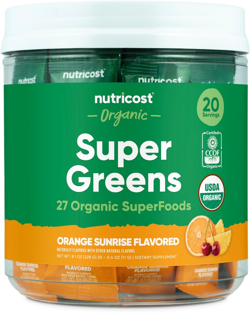 Nutricost Bio Super Greens (Orange Sunrise Aromatisé) 20 Stickpacks - Sans gluten, non-OGM