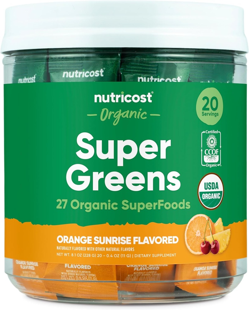 Nutricost Bio Super Greens (Orange Sunrise Aromatisé) 20 Stickpacks - Sans gluten, non-OGM