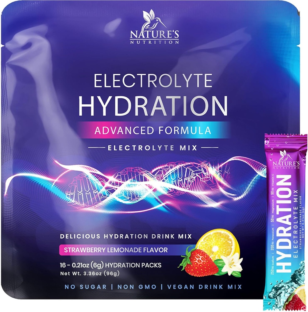 Packs d'hydratation d'électrolytes - Poudre de récupération de kéto avec du potassium, du magnésium, du sodium, du zinc et de la vitamine C, sans sucre, mélanges de boissons liquides d'électrolyte d'hydratation, végétalien, citron de fraise (16 pack)