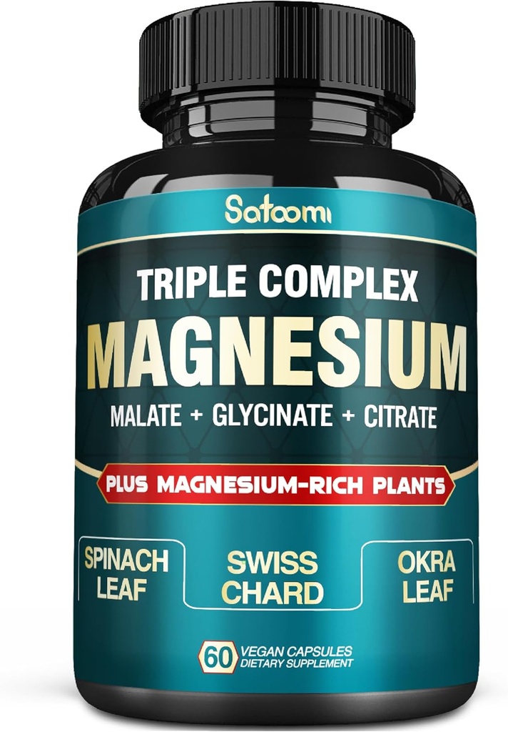 Glycinate de magnésium pur, gélules de 500 mg - Absorption élevée avec complexe de supplément de magnésium triple avec glycinate, malate, citrate - Soutien cardiaque, articulaire et cerveau - 60 pilules véganes