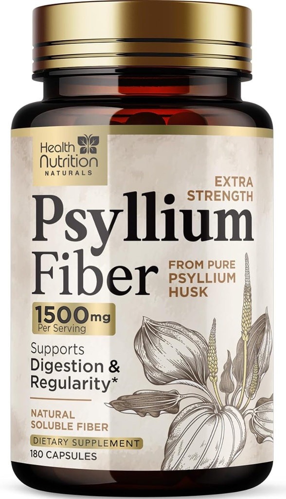 Psyllium Husk Capsules 1500 mg - Pilules de supplément de fibre naturelle, Digestion quotidienne, santé des colonies et soutien à la régularité, Psyllium Husks à base végétale Bouchons en poudre, Vegan, Non-OGM - 180 Capsules Veggie