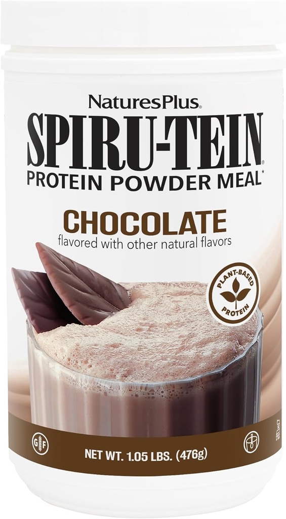 Natures Plus SPIRU-TEIN, Chocolat - 1,05 lb - Secouage de protéines à base végétale - Non-OGM, Végétarien, Sans gluten - 17 Total des portions