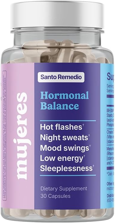 Santo Remedio Hormonal Balance, complément alimentaire, soulagement des symptômes de la ménopause, aide à réduire les éclairs chauds, les sueurs nocturnes et les éboulements d'humeur, ingrédients cliniquement prouvés, sans hormones, 30 portions