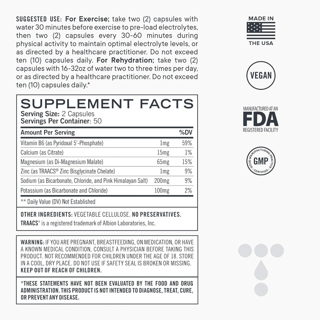 Capsules d'électrolyte, sels de rechange naturels à faible teneur en glucides avec du magnésium, du zinc, du calcium et du sodium (100ct)