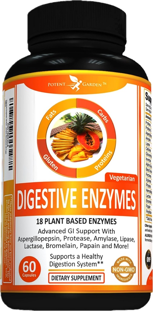 Potent Garden Enzymes digestifs -18 Enzymes à base de plantes avec amylase lipase bromelain Protease lactase et autres Enzymes - Une pilule pré-repas soutient la digestion saine et l'absorption nutritive 60 Caps