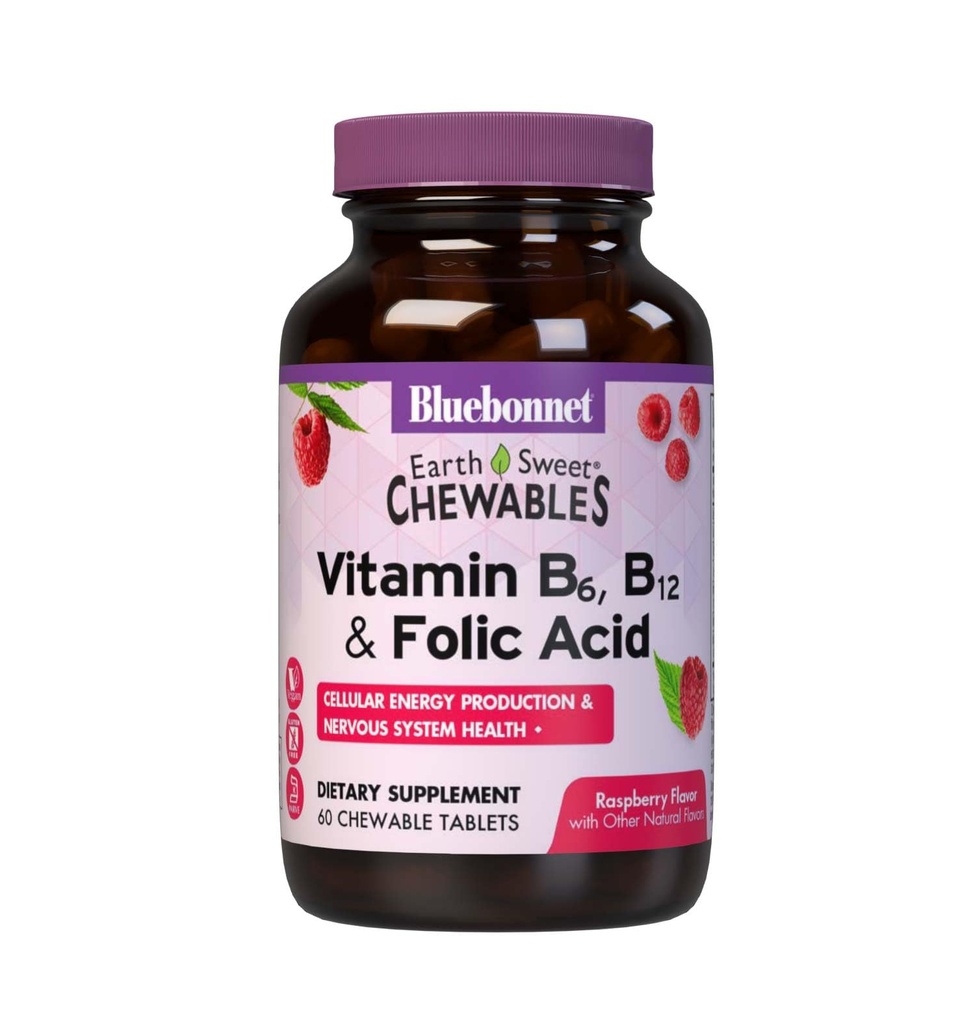 Bluebonnet Nutrition Terre Vitamine douce B6, B12, Plus Acide folique Comprimés à mâcher, végétalien, végétarien, sans gluten, sans soja, sans lait, casher, 60 comprimés à mâcher, saveur de framboise