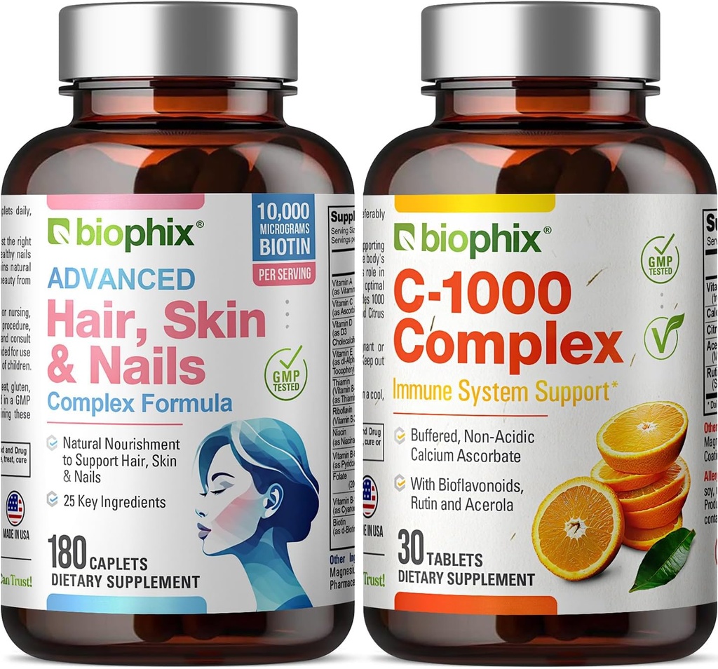 Peau de cheveux et ongles Complexe 180 Caplets avec 10000 mcg Biotine - Vitamine C-1000 30 comprimés - Multivitamine soutient les ongles forts Belles cheveux sain Vieillissement