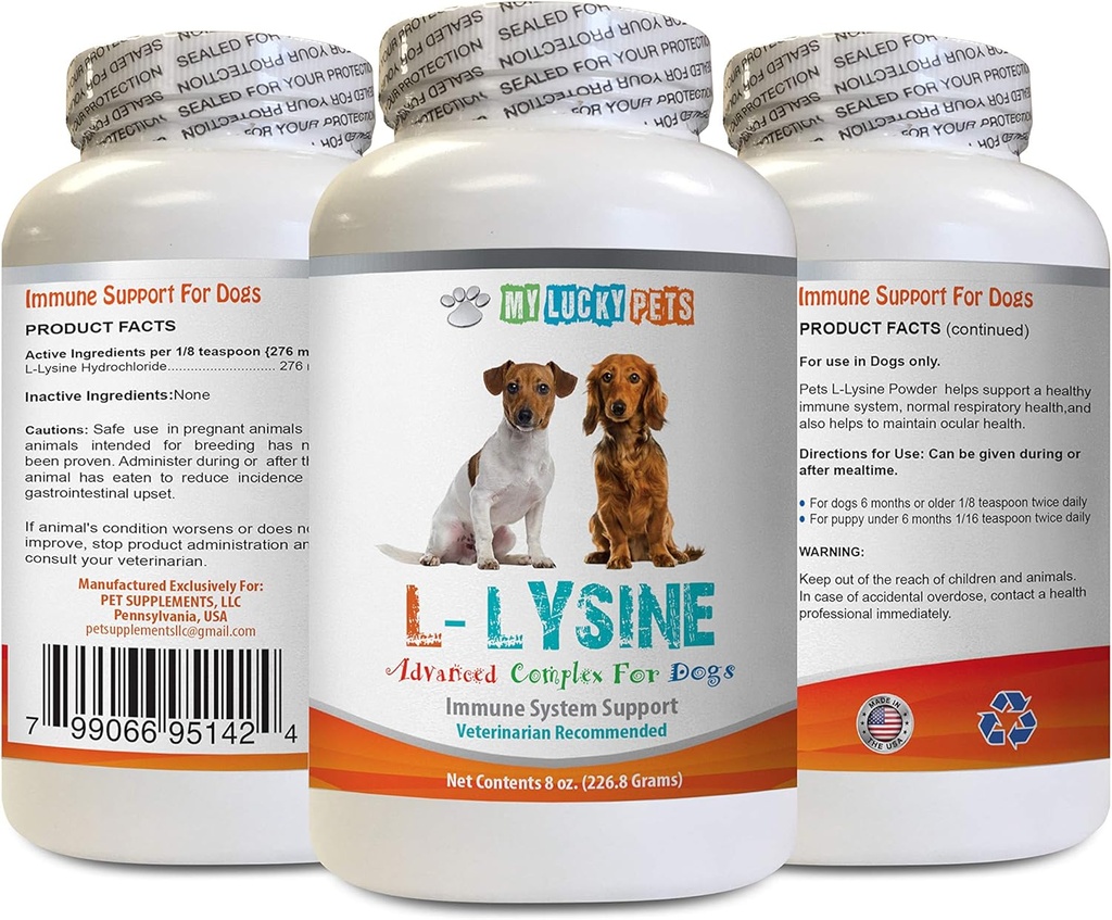 Suppléments d'acide amino-chien - Poudre de LYSINE - Forme de poudre pure - Support du système immunitaire - Vet recommandé - Chiens lysins - 1 bouteille (8oz 226.8 grammes)