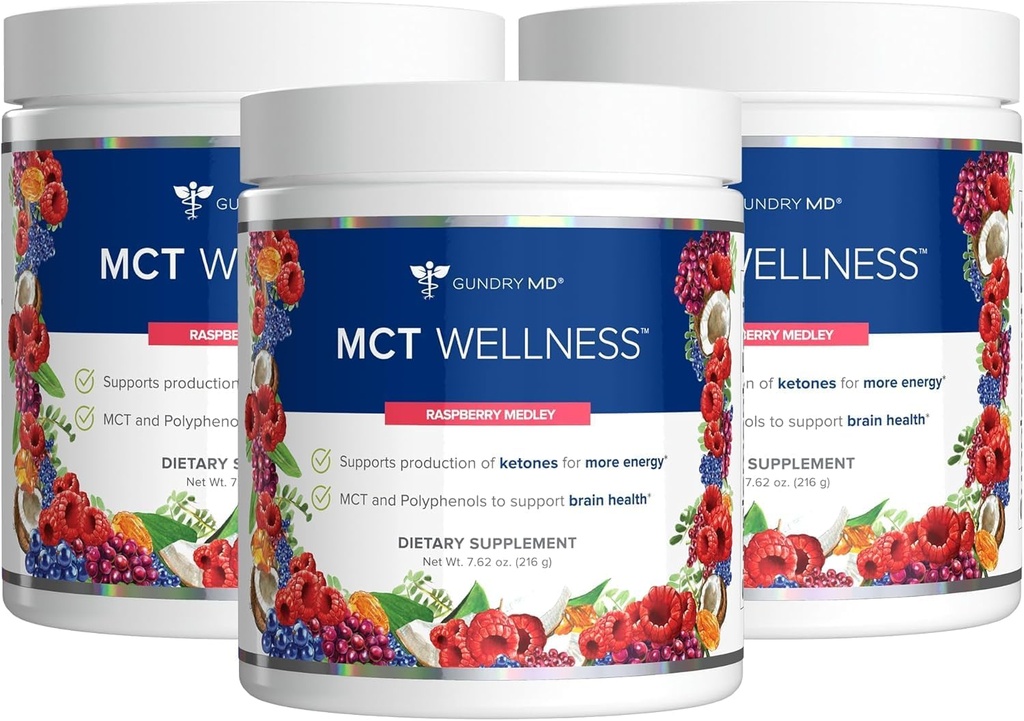Gundry MD MCT Wellness Poudre pour soutenir l'énergie, la production de kétones et la santé du cerveau, Keto Friendly, sans sucre (90 jours d'approvisionnement, Raspberry Medley)