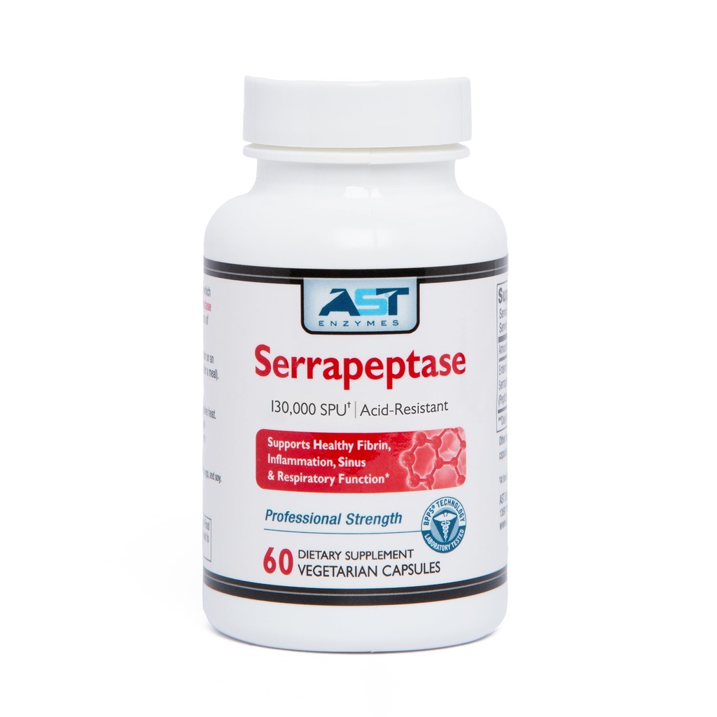 AST Enzymes Serrapeptase 130,000 SPU – 60 Capsules Végétariennes – Enzymes Systémiques Naturels Premium – Serrapeptase résistante aux acides