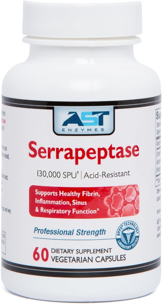 AST Enzymes Serrapeptase 130,000 SPU – 60 Vegetarian Capsules – Premium Natural Systemic Enzymes –Acid-Resistant Serrapeptase