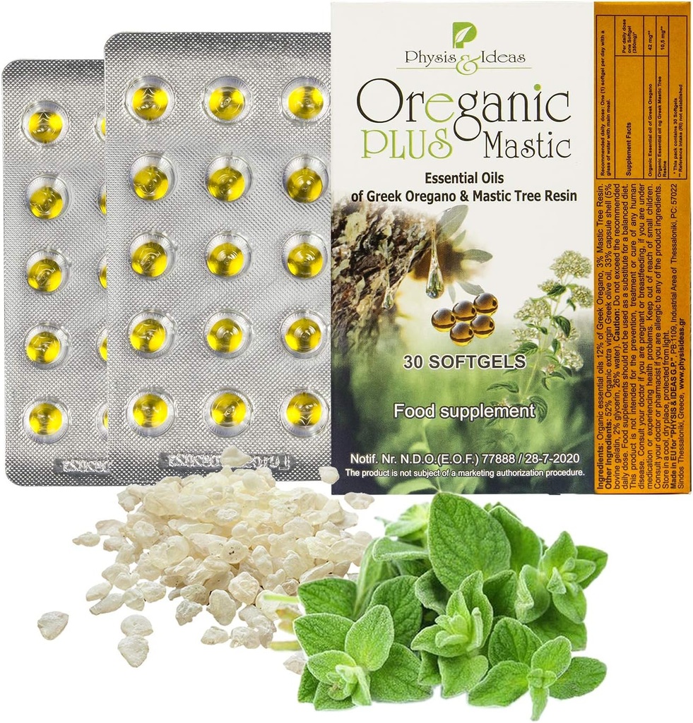 Oreganic Plus Mastic - Oregano Essential Oil Capsules & Chios Mastic Gum Oil - Wild Oregano Oil Capsules Organic - Immune Booster and Intestinal Support - Non-GMO - 30 Count Blister