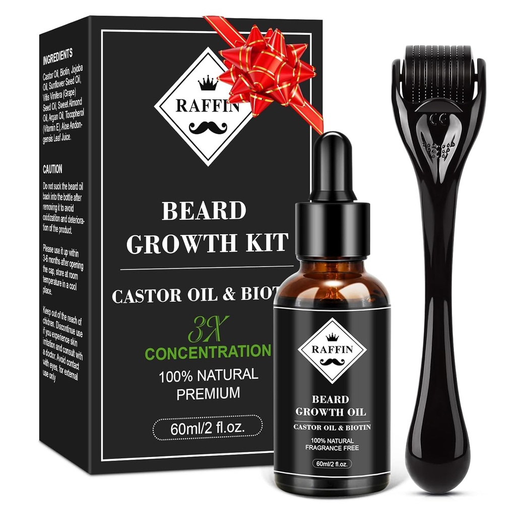 Kit de croissance de la barbe RAFFIN, huile de croissance de la barbe améliorée (2Oz) avec/Épaisseur maximale Biotine et huile de ricin pour la barbe tache/patate, obtenir plus complet, épaississant et plus sain Beards, Cadeaux pour lui petit ami Mari papa