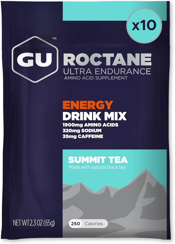 GU Energy Roctane Ultra Endurance Energy Drink Mix, végétalien, sans gluten, sans casher et sans laiterie énergie n-the-Go pour n'importe quel entraînement, 10 packets à un seul service, thé Sommet