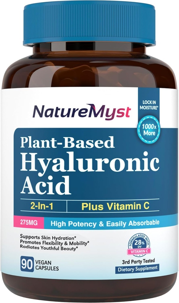 Supplément acide hyaluronique, avec vitamine C, 250mg HA à base végétale, 90 bouchons végétaliens, pour la peau et les yeux, production de collagène, facilement absorbant