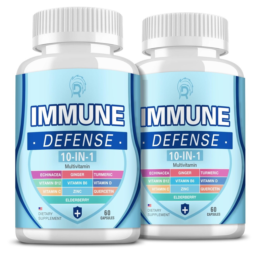 Supplément de soutien immunitaire, 10-en-1 Immune défense avec vitamine C,B6,B12,VIT D, zinc, Echinacea Turmeric Elderberry Immune Boosters pour Adulte - 120 Capsules(2 Pack)