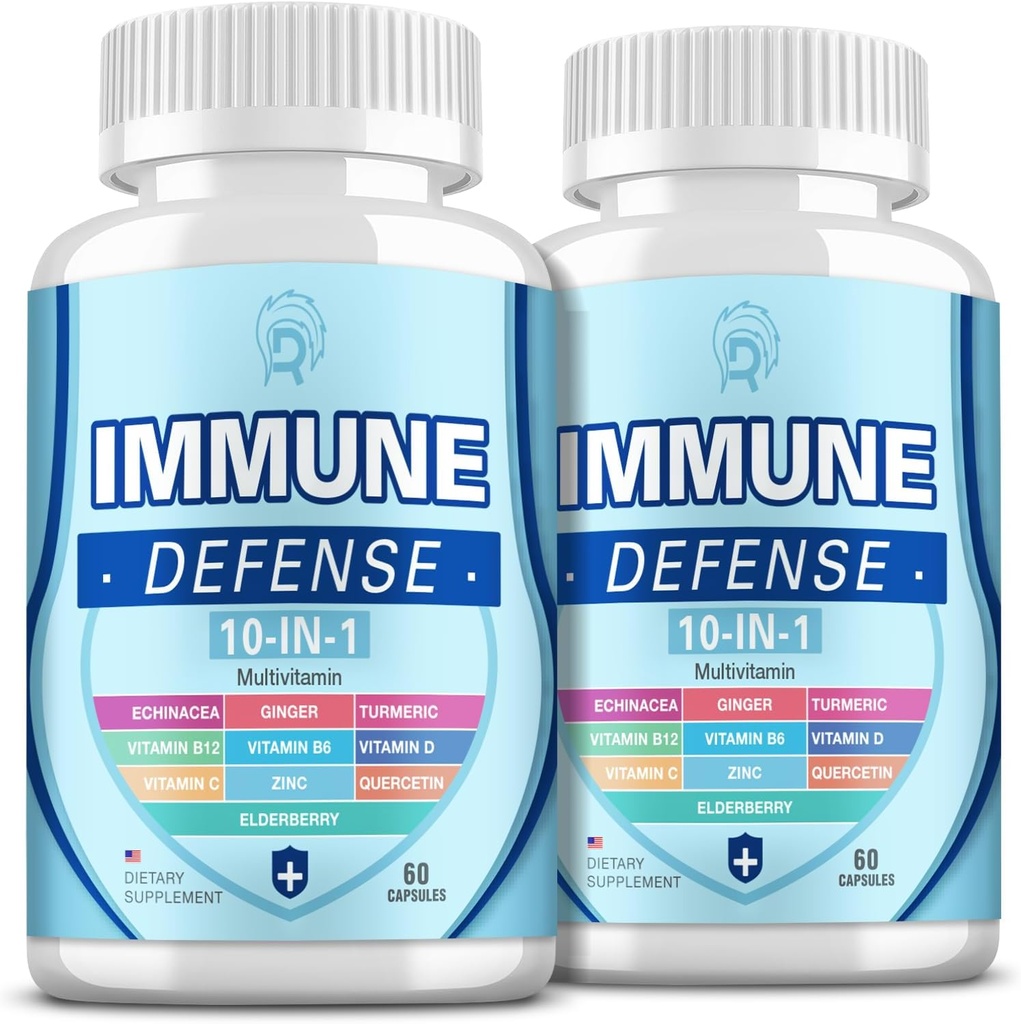 Supplément de soutien immunitaire, 10-en-1 Immune défense avec vitamine C,B6,B12,VIT D, zinc, Echinacea Turmeric Elderberry Immune Boosters pour Adulte - 120 Capsules(2 Pack)