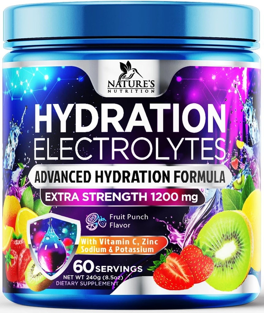 Poudre d'électrolyte d'hydratation 1200mg - Mélange de boisson liquide quotidienne - Multiplieur d'électrolyte avec minéraux, potassium et sel réel, kéto, non-OGM - Electrolytes à saveur de fruits savoureux - 60 portions