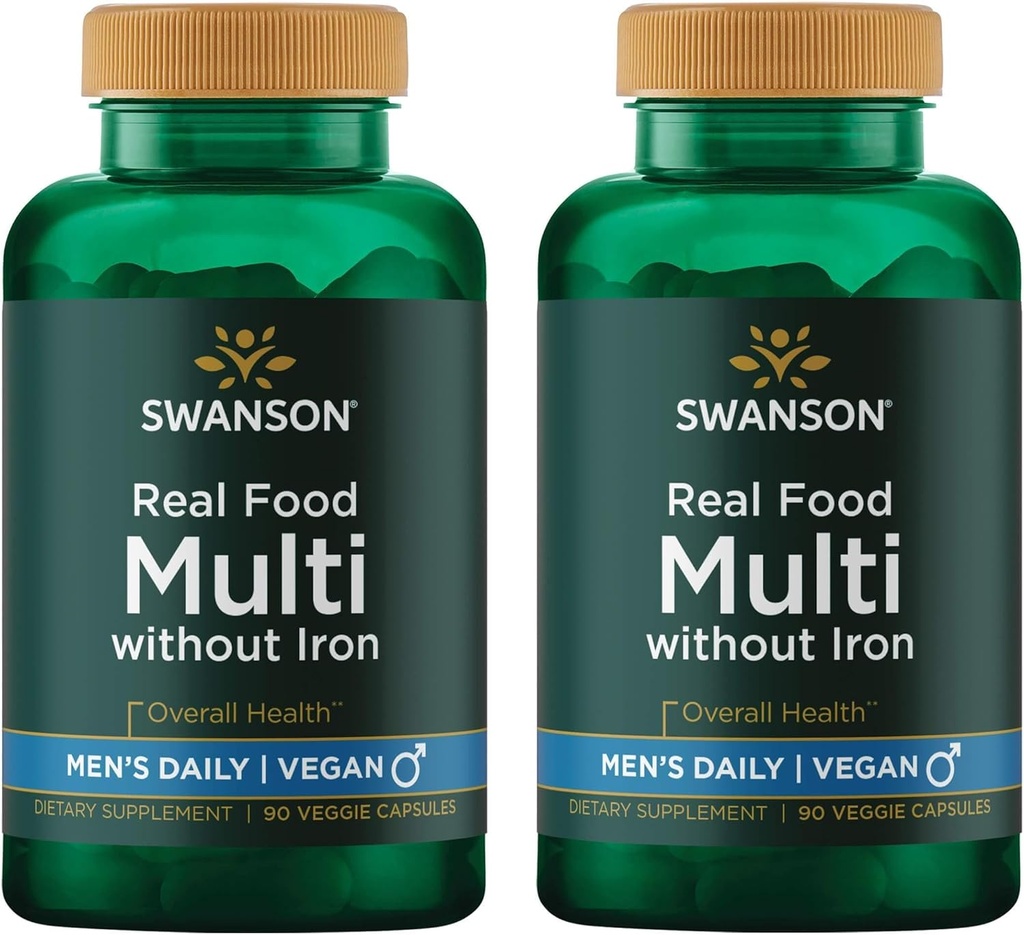 Swanson Real Food Multivitamine Multiminérale Homme Santé Prostate Stress Réponse Supplément végane sans gluten sans OGM 90 Capsules Veggie Veg Caps (2 Pack)