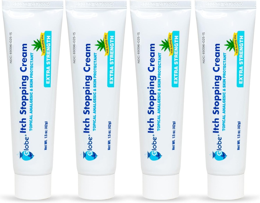 (4 Pack) Globe Extra Strength Ditch Stopping Anti-Itch Cream 1,5 Oz avec Histamine Blocker, Diphenhydramine HCl Sujet Analgésique et Zinc Acetate Protection de la peau pour le soulagement de la plupart des démangeaisons extérieures