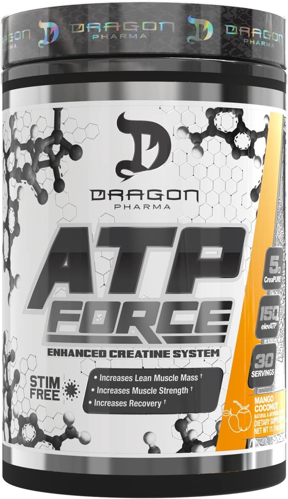 DRAGON PHARMA ATP Force système de créatine amélioré, Stim-libre, augmenter la masse musculaire maigre et la récupération, 5 grammes de créaPure, améliore le flux sanguin (30 portions, noix de coco de mangue)