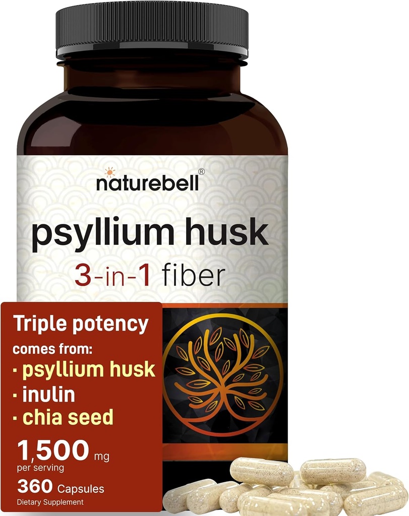 NatureBell Psyllium Husk Fiber Supplément, 1500mg par portion, 360 Capsules avec Inulin & Chia Seed.