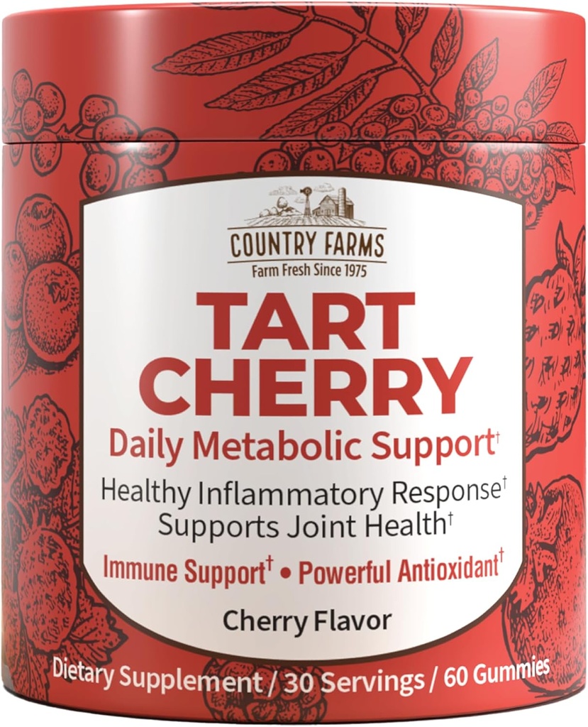 Fermes de campagne Gommies de Tart Cherry, Soutien métabolique Dialy, Soutien à la santé des os, Emballé avec des antioxydants potentiels, Flavor Cherry, 60 Gommies
