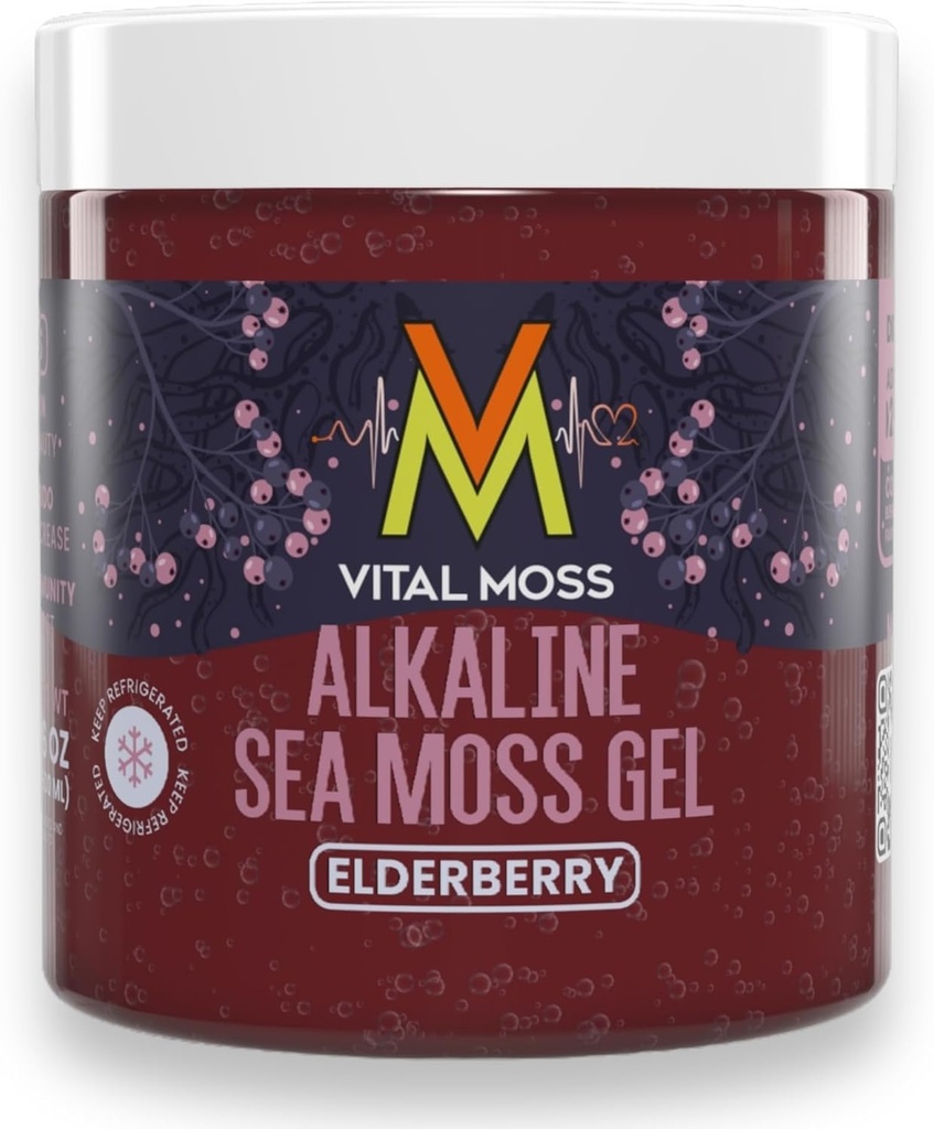 VitalMoss Elderberry Irish Sea Moss Gel, Sainte-Lucie Wildcrafted Alkaline avec des vitamines minérales et des antioxydants, supplément de soutien thyroïde et immunitaire, brut, végétalien amical, 16oz