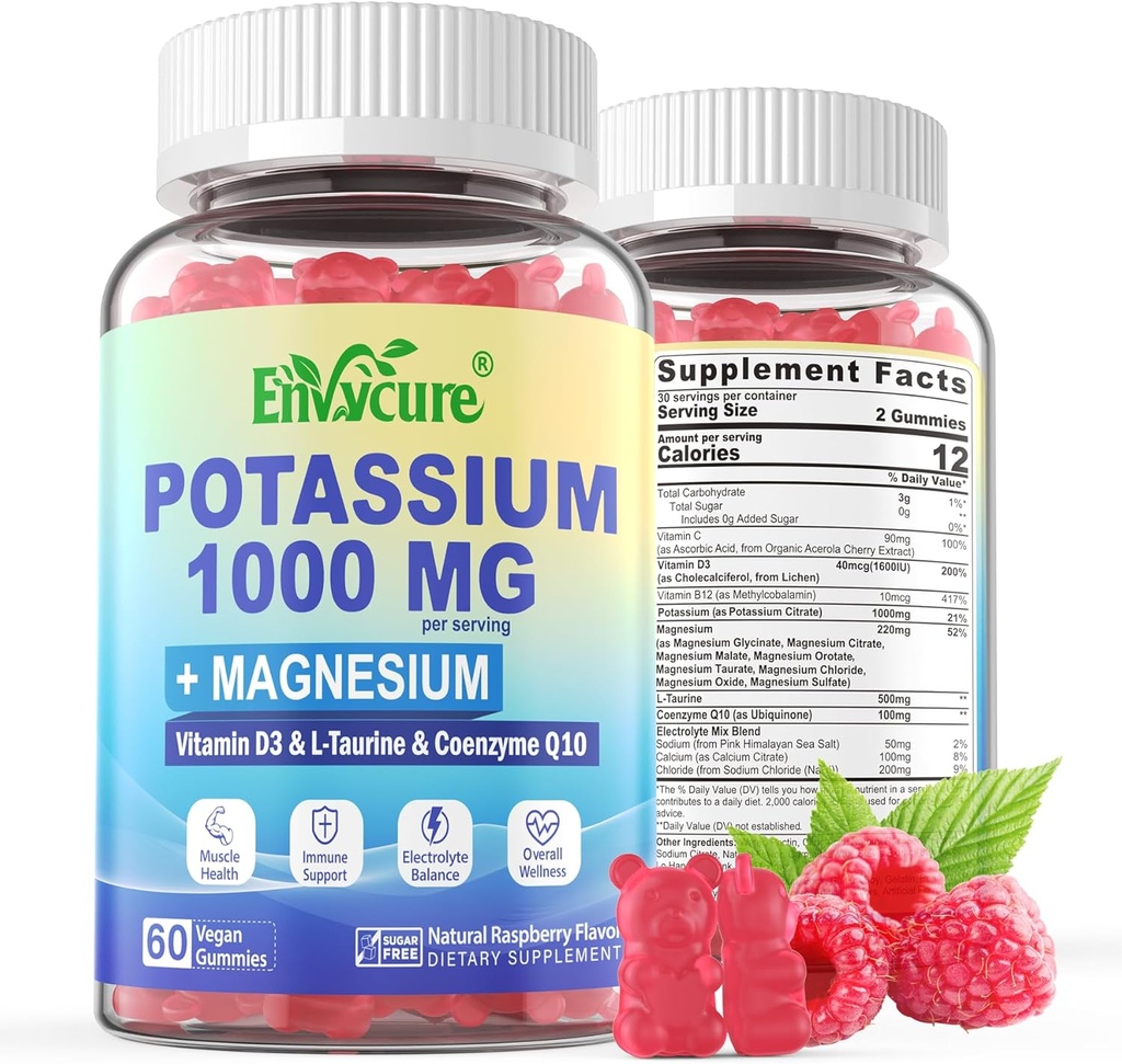 Supplément de potassium Gommies - 1000mg Citrate de potassium avec complexe de magnésium/glycinate/citrate, Coq10, L-Taurine, B12,D3–Électrolyte, Énergie, Cerveau - Supplément de magnésium de potassium pour adultes, 2paquet