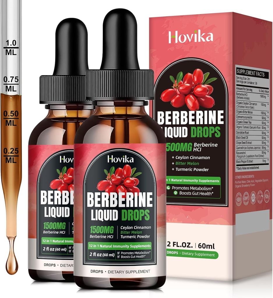 (2 packs) Berberine HCL gouttes liquides - 1500 mg Berberine gouttes liquides hautement absorbantes - supplément de Veggie berbère pour immunone, système de digestion et soutien de la santé cardiaque, goût de fraise - 4 FL Oz
