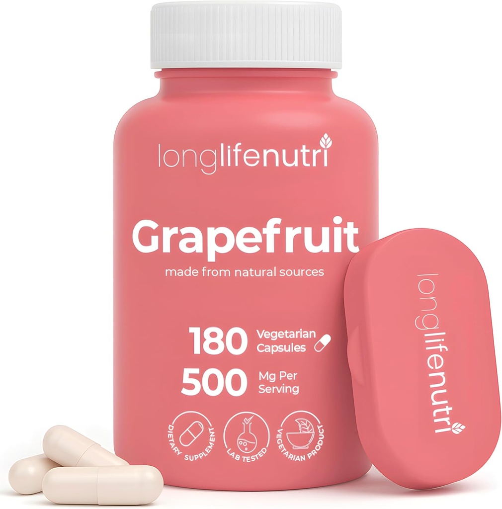 Extrait de graines de pamplemousse 500mg - dérivé de Citrus Paradisis, 180 Capsules végétariennes, Supplément naringin biologique pour l'énergie quotidienne et l'équilibre, 6-Mois d'approvisionnement, GMP certifié, Fabriqué aux États-Unis