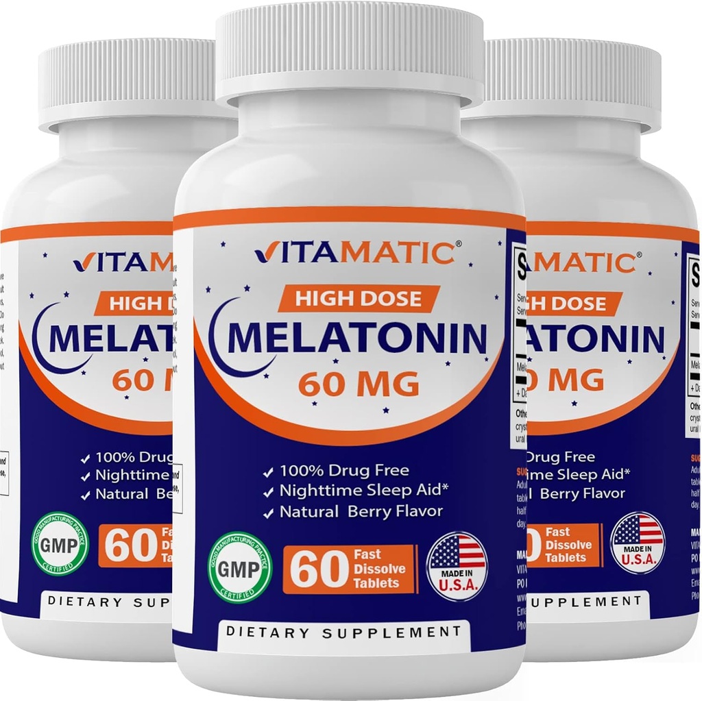 Mélatonine Vitamatique 60 mg Comprimés à dissolution rapide - 60 Comprimés à saveur végétale naturelle de baies - Forme non-habitante - Non-OGM, sans gluten (3 bouteilles)